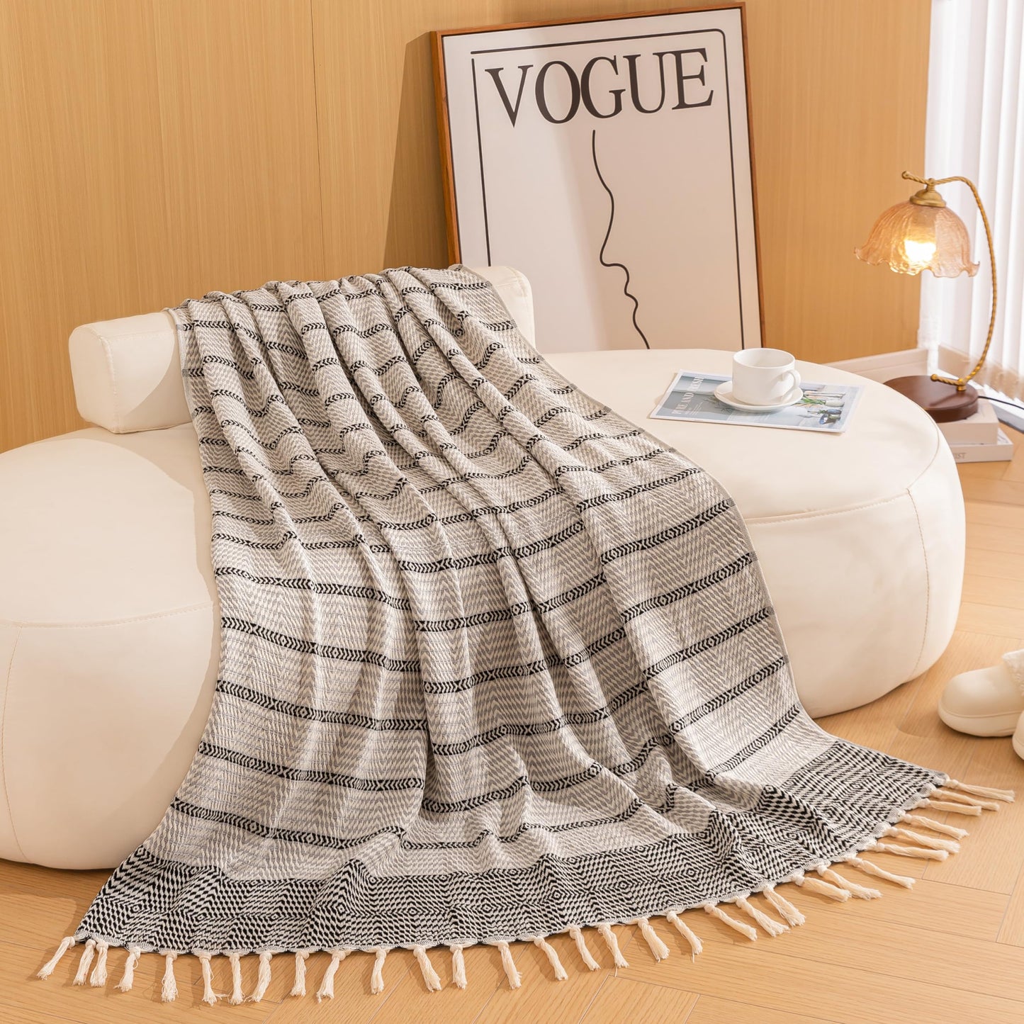 Peshtemania Premium Cotton Boho Throw Blanket |50”x60”| Grey Black and White Throw Blankets for Bed Sofa Couch Outdoor Farmhouse Turkish Throws Blankets for Sofa Bedroom Picnic Blankets Yoga