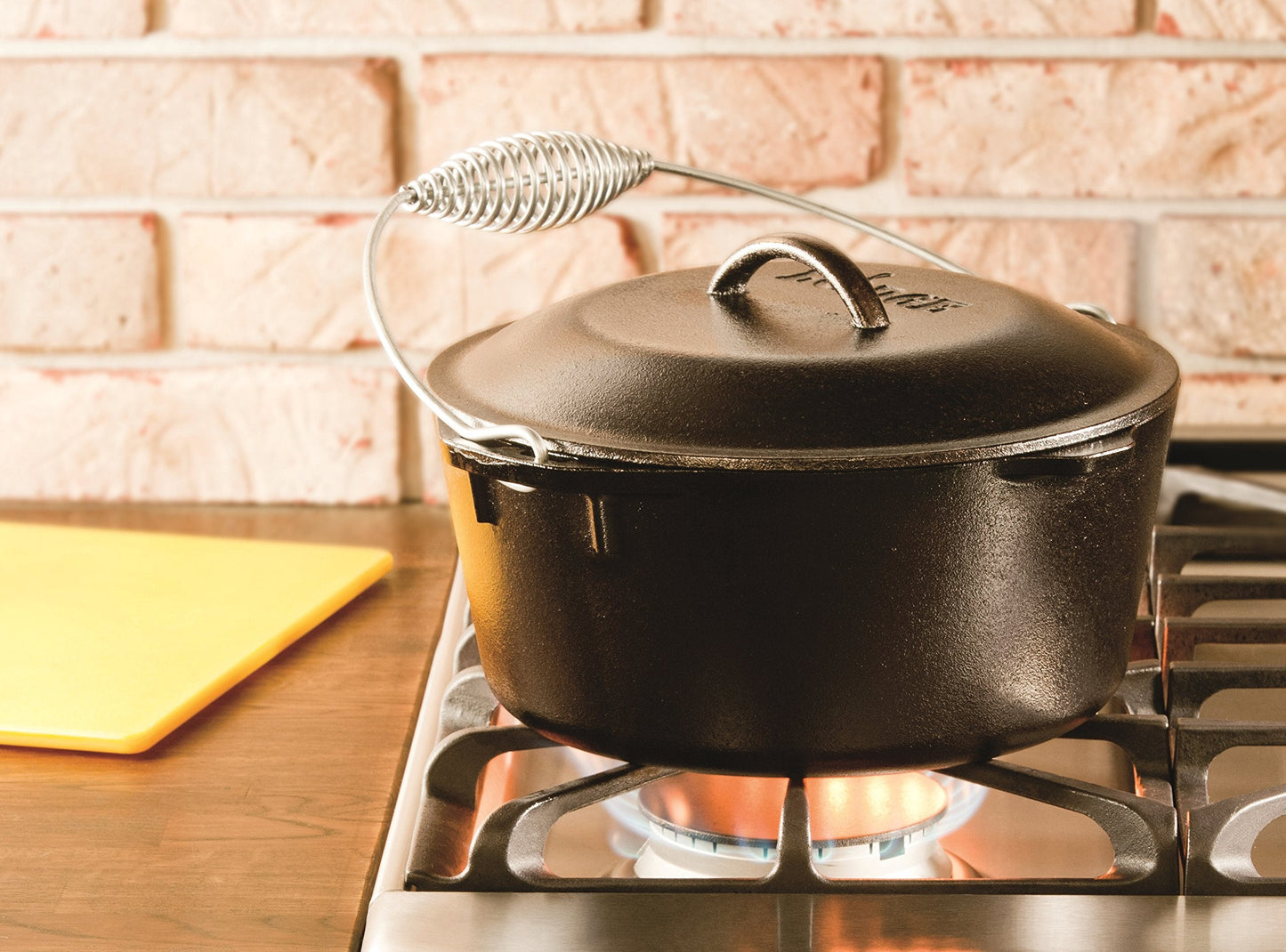 Lodge 5 Quart Pre-Seasoned Cast Iron Dutch Oven with Lid - Wire Bail Handle for Easy Transfer from Cooking Surface to Table - Use in the Oven, on the Stove, on the Grill or over the Campfire - Black