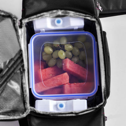 Meal Prep Lunch Bag/Box For Men, Women + 3 Large Food Containers (45 Oz.) + 2 Big Reusable Ice Packs + Shoulder Strap + Shaker With Storage. Insulated Lunchbox Cooler Portion Control Set (Black)