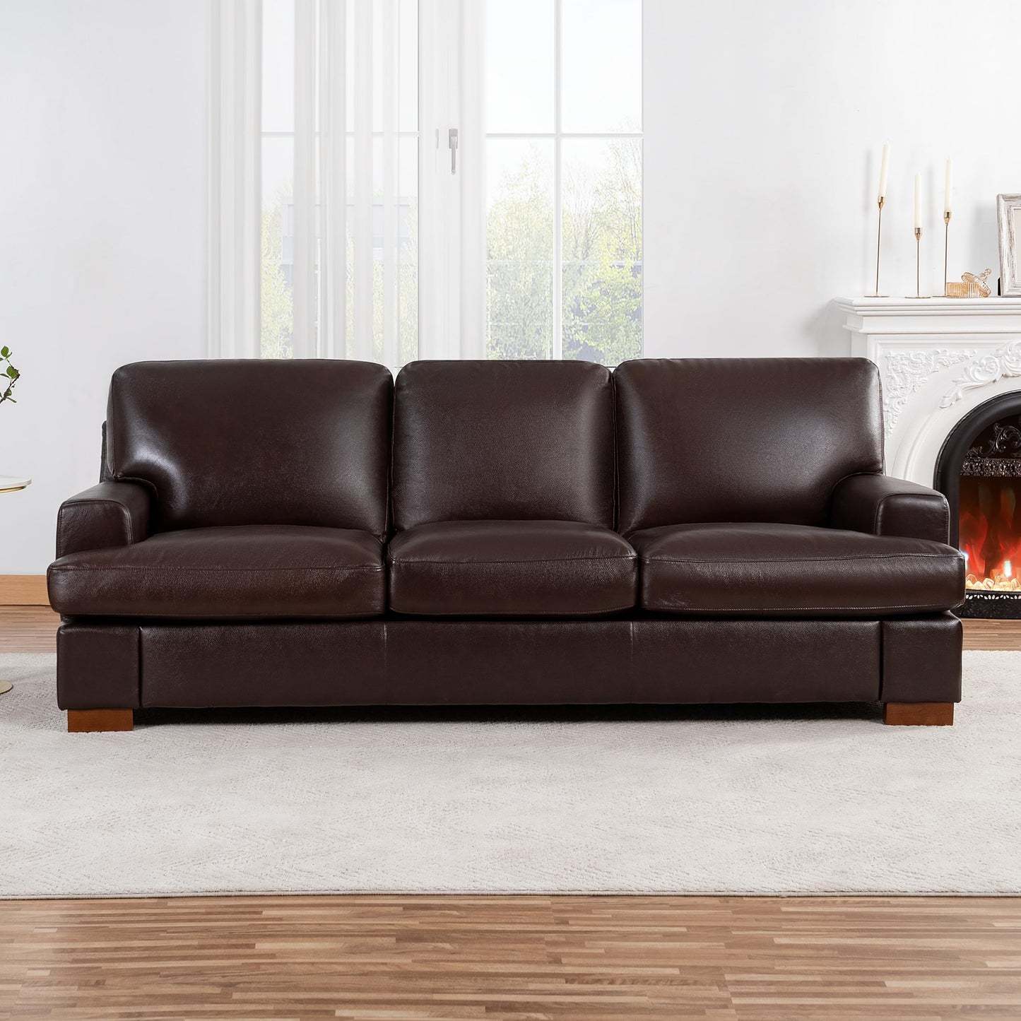 Naomi Home Siggy Genuine Leather Sofa - Set of 3 Luxurious Comfort, Goose Feather Cushion Filling, Square Arm Design, Sturdy Block Legs, Elegant Espresso - Ideal for Living Room, Office, or Bedroom