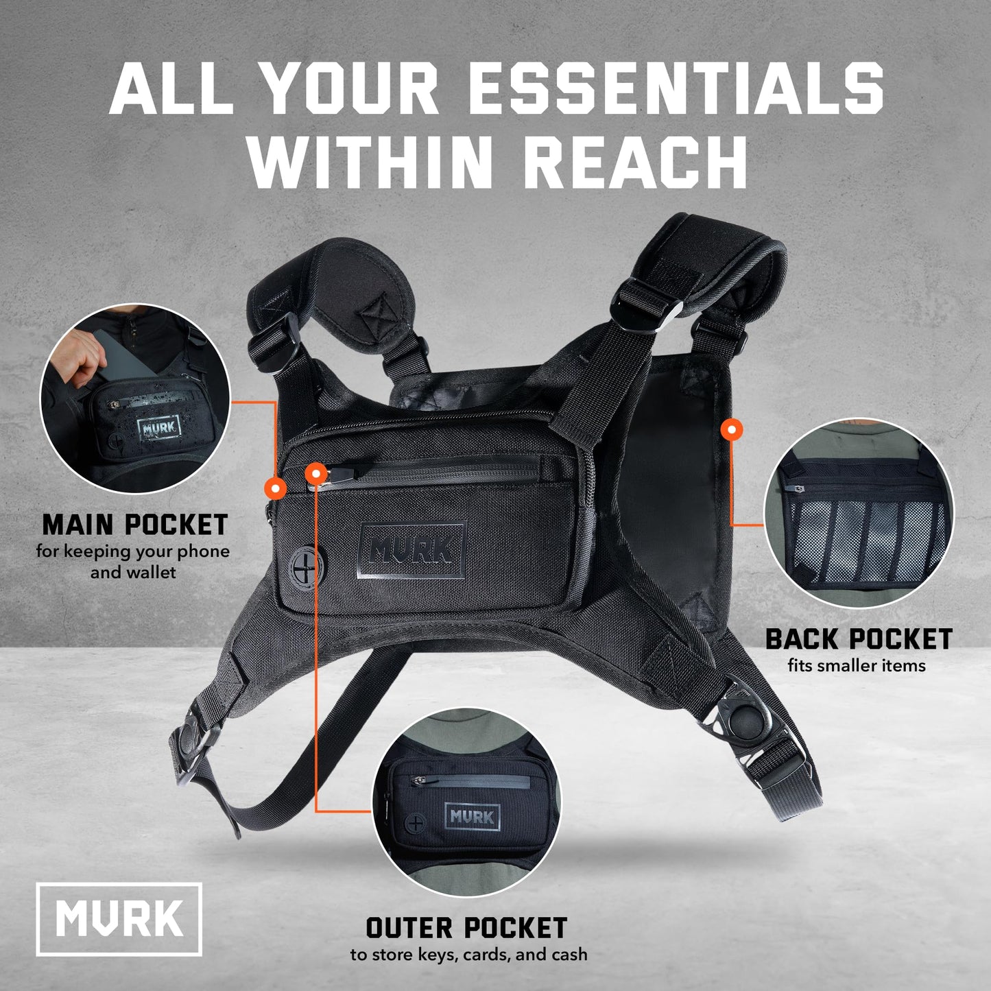 MVRK Water Resistant Chest Pack - Minimalist Running Pack For Workouts, Running Phone Holder With Extra Storage, Lightweight Running Vest, Running Backpack with Reflective Back (Black)