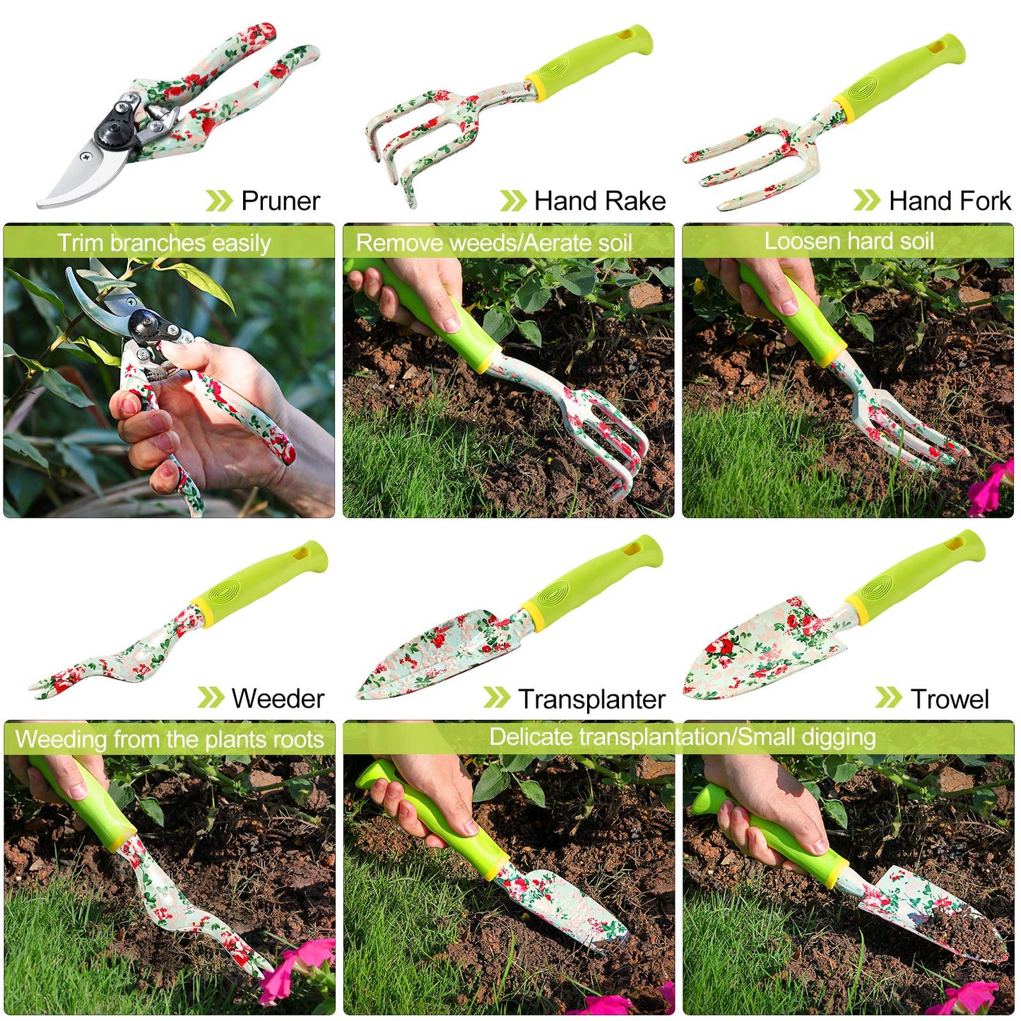 Gardening Tool Set - 13 PCS Heavy Duty Aluminum Gardening Tools Kit Floral Print Garden Tool Set with Non-Slip Rubber Handle & Durable Storage Tote Bag Gardening Supplies Gifts for Women Men