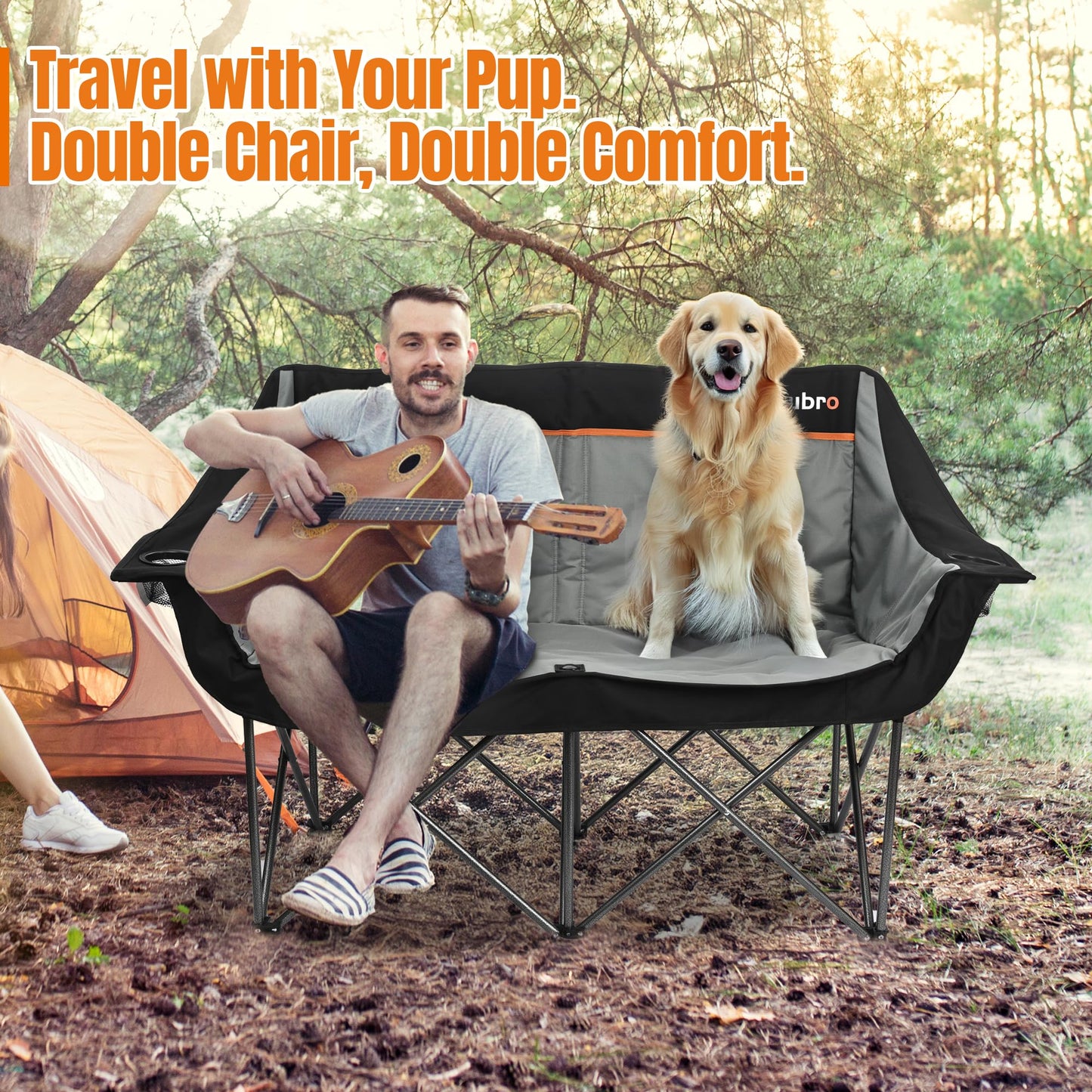 Newbro Oversized Double Camping Chair for Adults, Fully Padded Folding Camping Chairs Loveseat, Big Heavy Duty Outdoor Patio Lawn Chair with Arm Cup Holder