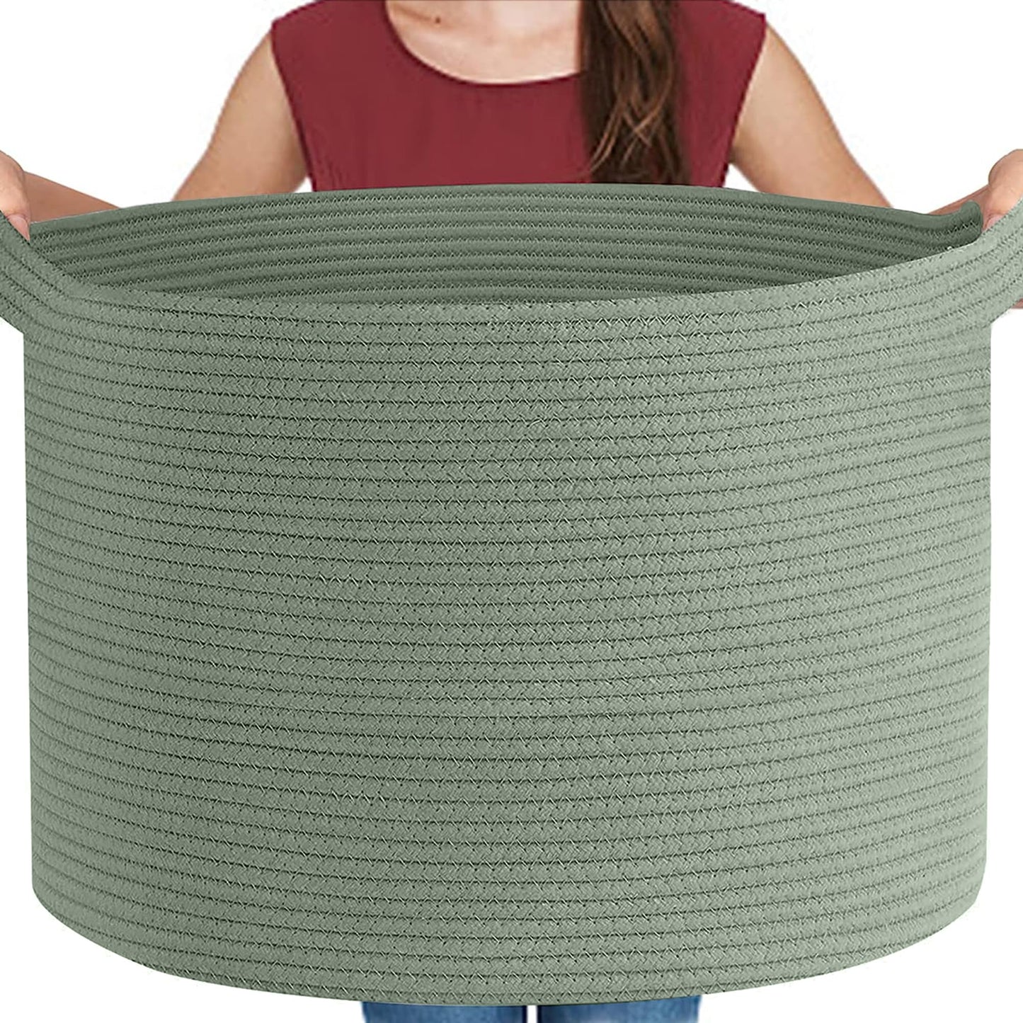 MEGASKET Extra Large Green Basket, 22" X 22" X 14" Woven Cotton Rope Baskets for Blankets, Nursery Wicker Laundry Basket, Kids Toy Storage Bin, Green Living Room Office Decor Baskets for Organizing