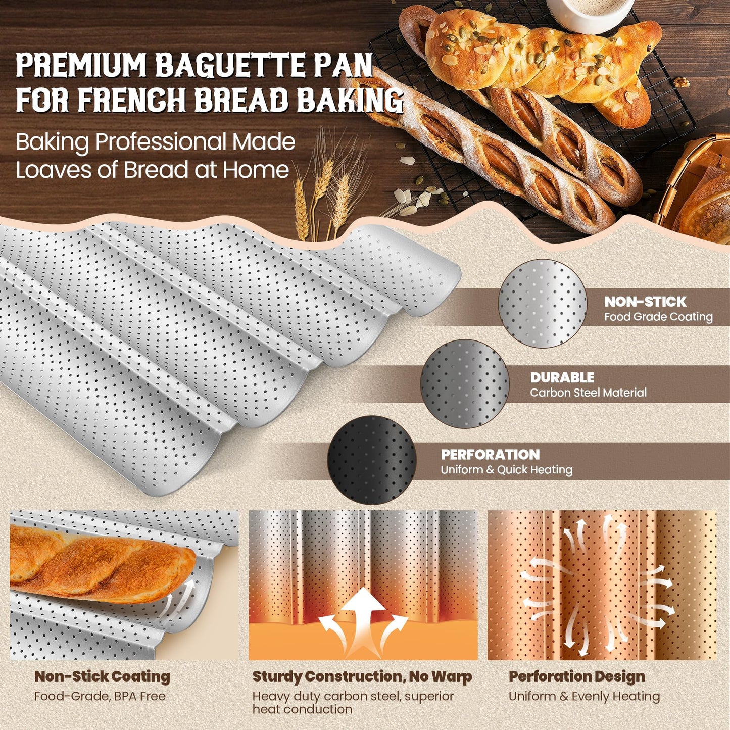 Pavsrmy Baguette Bread Pan, Premium Nonstick Perforated Baguette Pan for French Bread Baking, 4 Loaves Baguette Baking Tray for Sourdough, Italian Bread, Perfect for Creating Crisp Golden-Brown Crust