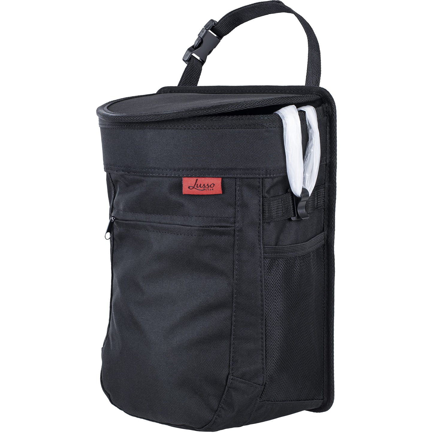 Lusso Gear Spill-Proof Car Trash Can - 2.5-Gallon Black Round - Leak-Proof Lid & Waterproof Removable Liner - Hanging Car Trash Bin & Organizer for SUV, Truck & Minivan