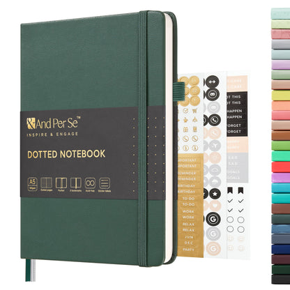 &And Per Se Dotted Journal Notebook, A5 Hardcover Leather Journal, 160 Pages 100 gsm Thick Dotted Paper，3 Sheets of Stickers Included - 5.7'' x 8''（Green）