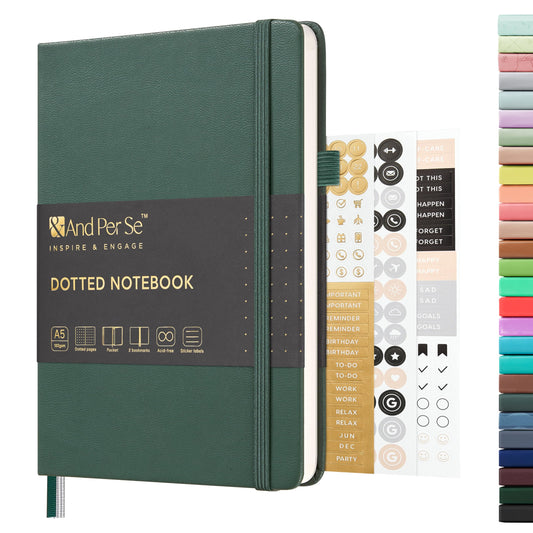 &And Per Se Dotted Journal Notebook, A5 Hardcover Leather Journal, 160 Pages 100 gsm Thick Dotted Paper，3 Sheets of Stickers Included - 5.7'' x 8''（Green）