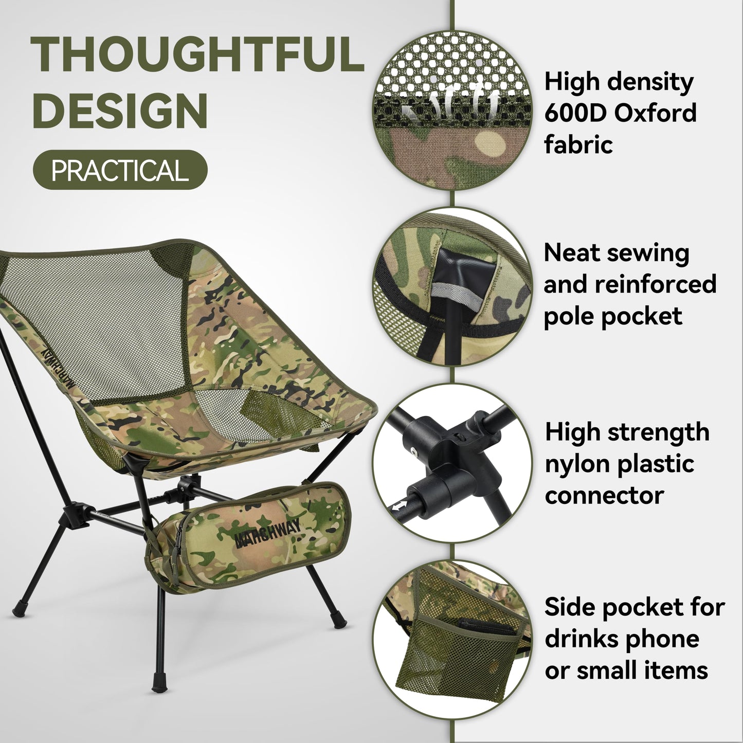 MARCHWAY Ultralight Folding Camping Chair, Heavy Duty Portable Compact for Outdoor Camp, Travel, Beach, Picnic, Festival, Hiking, Lightweight Backpacking (Camo)