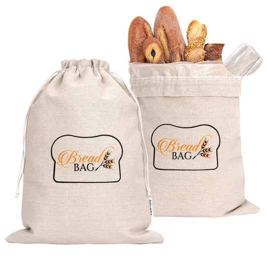 A ARTIZANKA 2 Bread Bags for Homemade and Sourdough Bread, Reusable Cotton Cloth Bags with Plastic Liner and Drawstring, Reusable Food Storage, (2 pack) - 17" x 13" XL