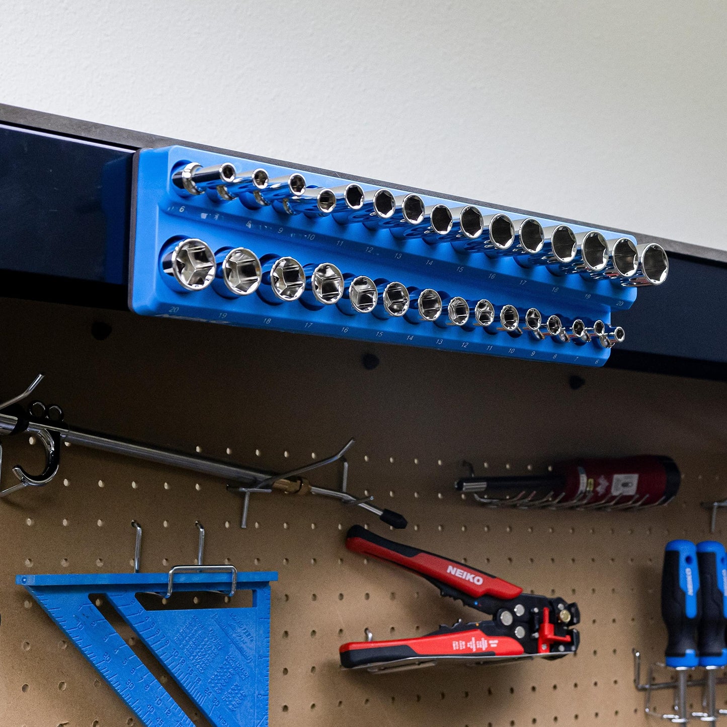NEIKO 03971A Magnetic Socket Holder | 3/8” Drive | 6mm-20mm | Holds Shallow & Deep Sockets Tray | Metric Socket Organizer | 30 Hole Tool Box Storage | Scratch Free Mounting | High Visibility