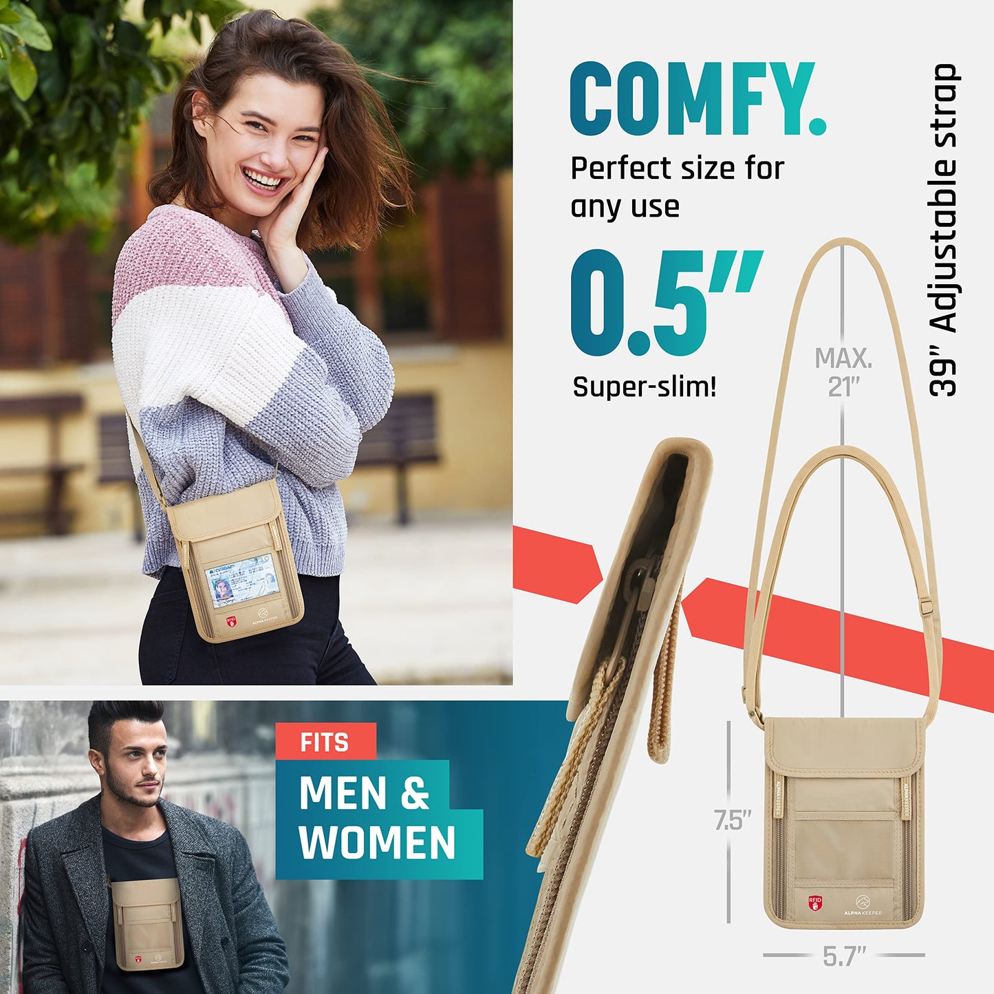 Alpha Keeper Neck Wallet, Travel Pouch For Passport Holder And Documents, RFID Blocking, Beige, Unisex Adult, Travelers, Adults