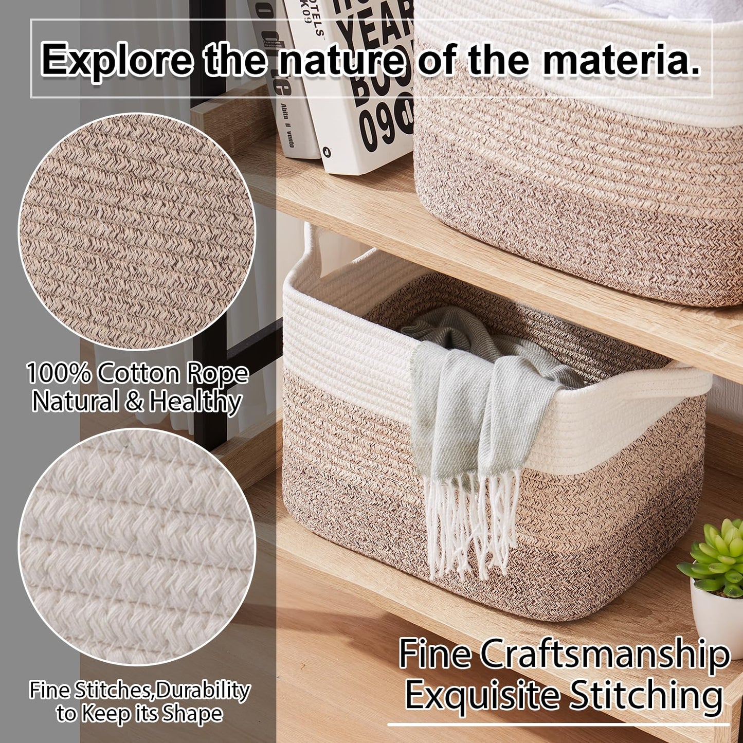 OIAHOMY Storage Basket, Woven Baskets for Storage, Cotton Rope Basket for toys,Towel Baskets for Bathroom - Pack of 3, Gradient Yellow