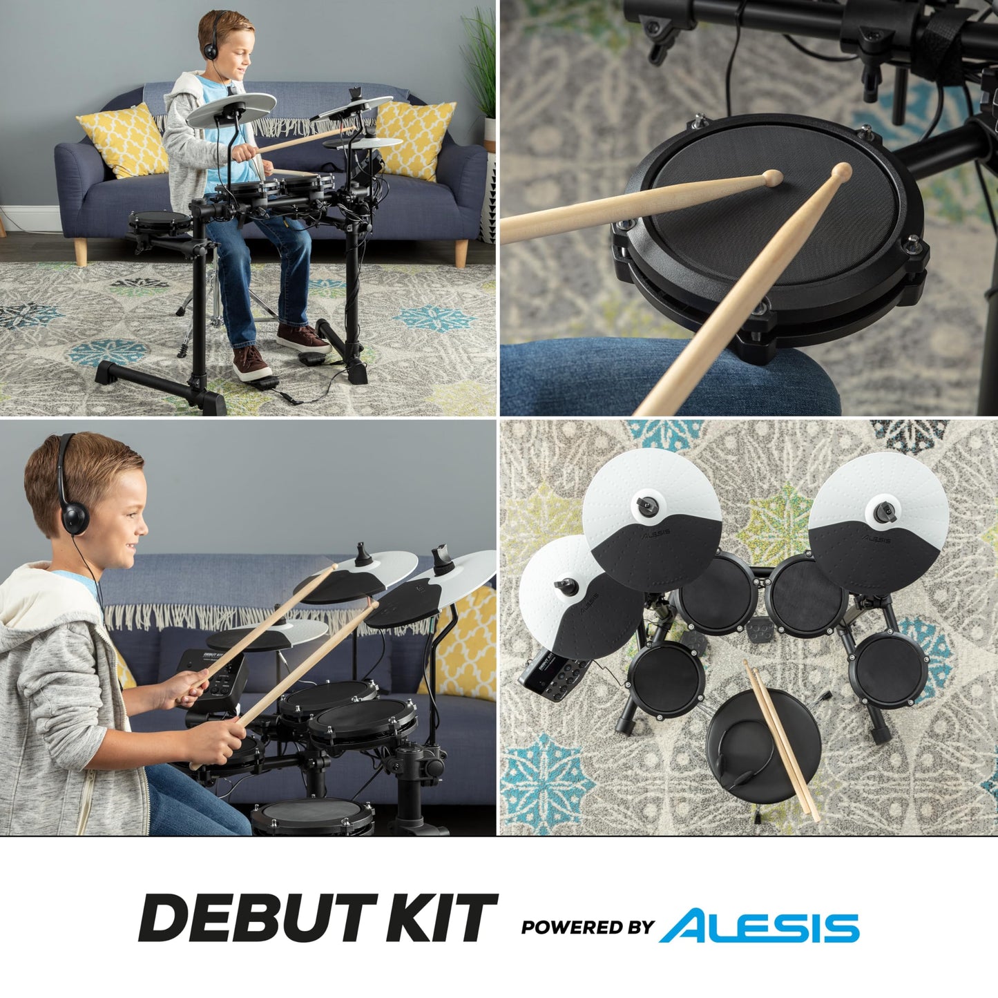 Alesis Drums Debut Kit – Electric Drum Kit with 4 Quiet Mesh Electronic Pads, 120 Sounds, Drum Sticks, Stool, Headphones, and Lessons