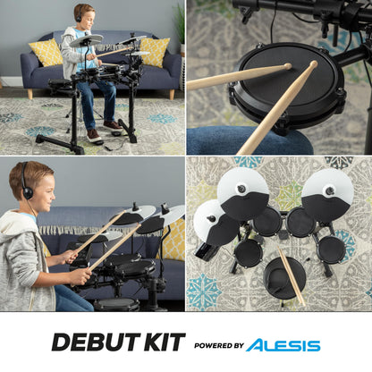 Alesis Drums Debut Kit – Electric Drum Kit with 4 Quiet Mesh Electronic Pads, 120 Sounds, Drum Sticks, Stool, Headphones, and Lessons