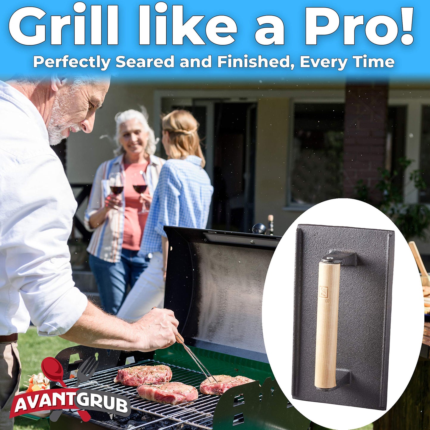 Pro Grade, Pre Seasoned Cast Iron Grill Weight 3Pk. Heavy Duty Steak and Burger Press with Wooden Handle for Grills, Griddles and Flattops. Perfect Gadget for Bacon, Paninis, Sandwiches and Vegetables