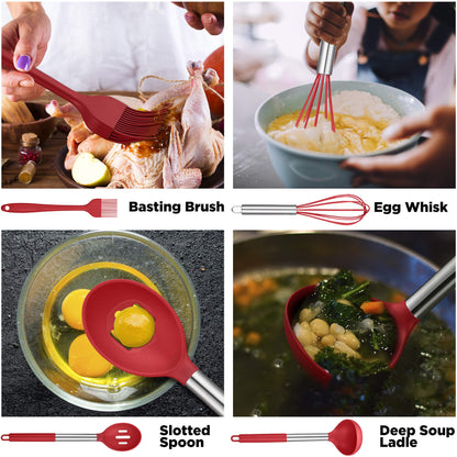 ORBLUE Silicone Cooking Utensil Set, 14-Piece Kitchen Utensils with Holder, Safe Food-Grade Silicone Heads and Stainless Steel Handles with Heat-Proof Silicone Handle Covers, Red