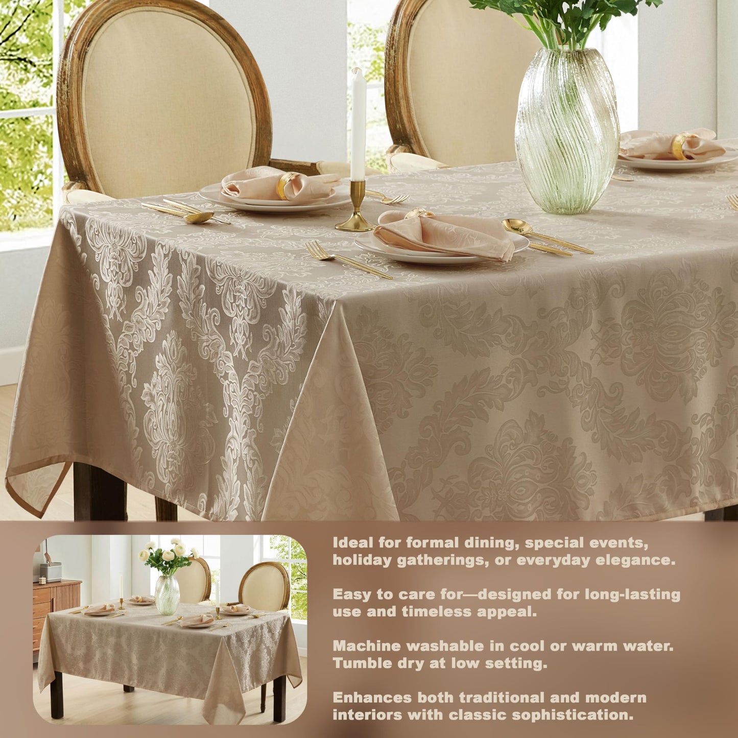 Newbridge Barcelona Luxury Damask Fabric Tablecloth, 70” Extra Wide x 90” Rectangle, Golden Beige, 100% Polyester, No Iron, Soil Resistant Dining Room, Party and Banquet Table Cover