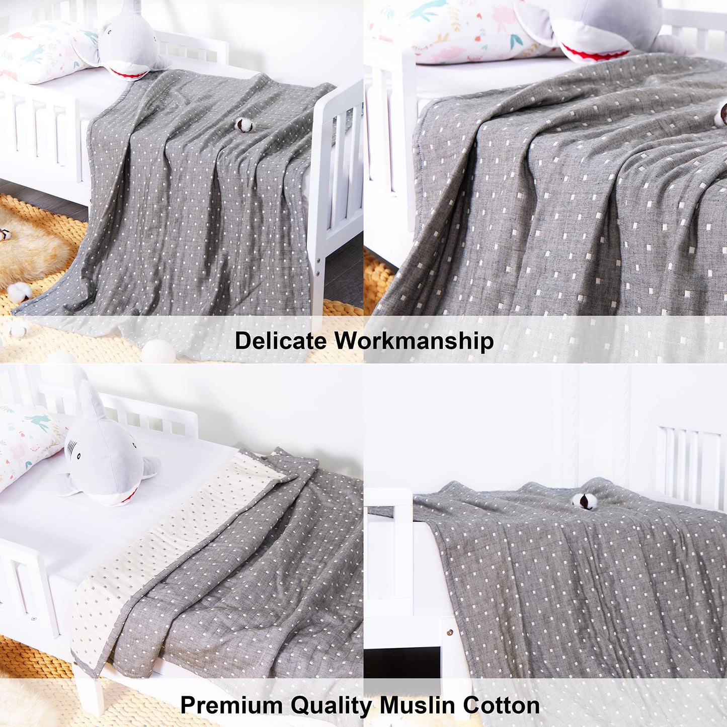 NTBAY 3 Layer Toddler Blanket, Muslin Cotton Jacquard Bed Blankets, Lightweight Thermal Baby Blanket, Super Soft and Warm Crib Blanket for All Seasons, Decoration Gift, 45"x60", Grey Dot