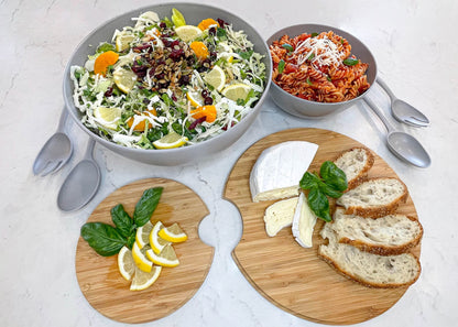 11.5" Extra Large Salad and 8" Serving Bowl with Wooden Lid and Servers - Bamboo Fiber Wood Mixing Bowl Set with Utensils & Wooden Cutting Board Top for Fruits, Vegetable Salads, Pasta (8pc Set) Grey