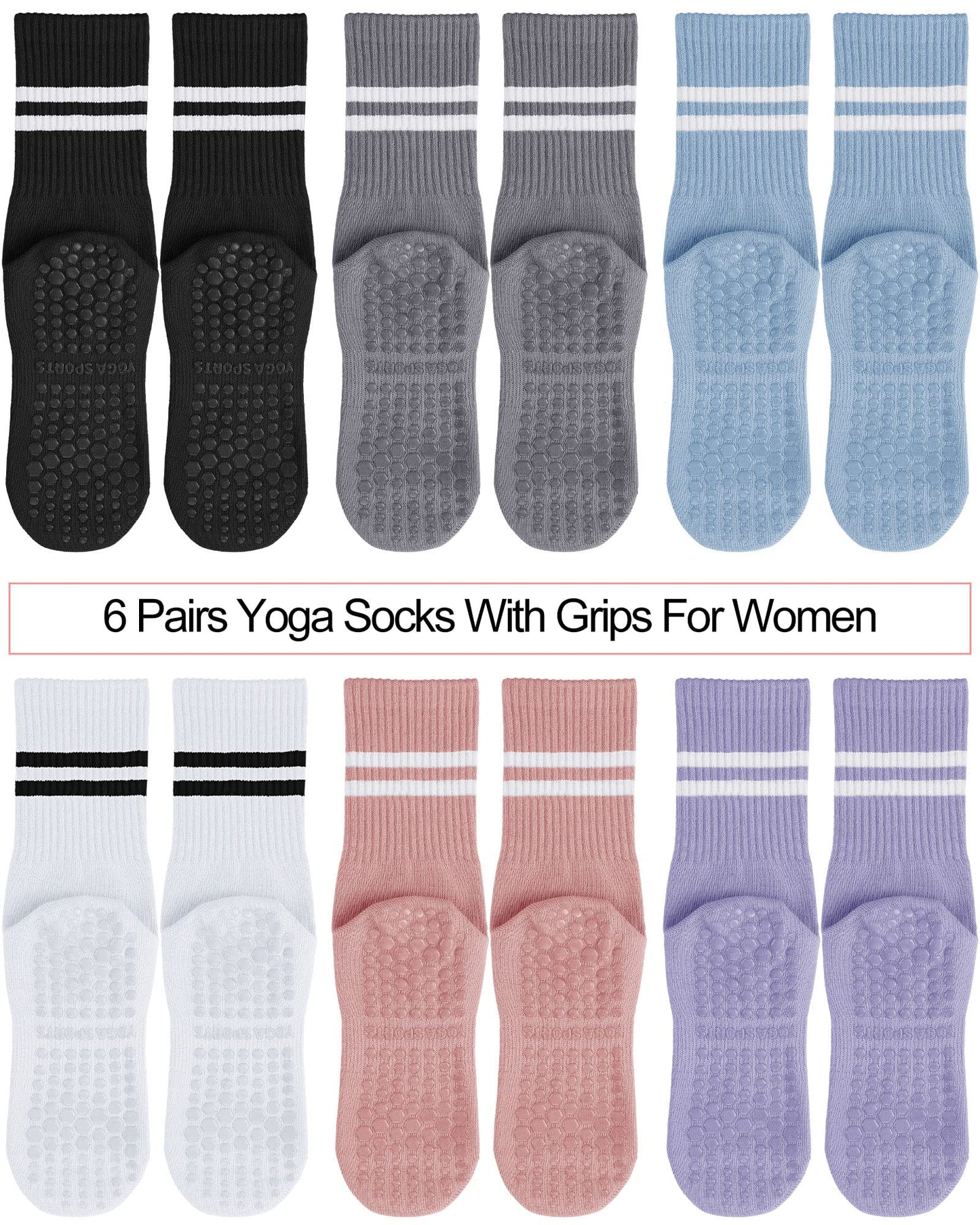 Sintege 6 Pairs Pilates Socks with Grips for Women Non Slip Yoga Crew Socks for Barre Ballet Dance Barefoot Workout Hospital(Stylish Colors)
