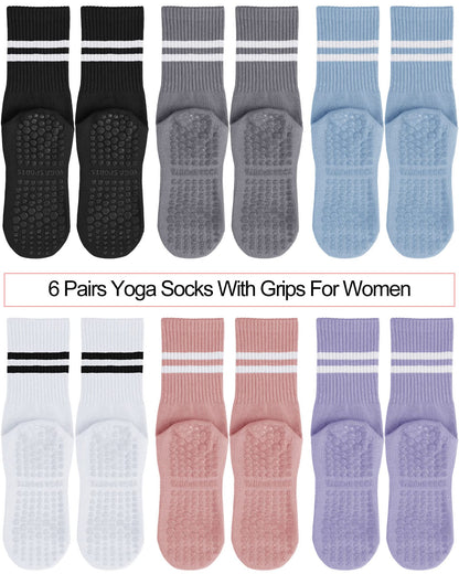 Sintege 6 Pairs Pilates Socks with Grips for Women Non Slip Yoga Crew Socks for Barre Ballet Dance Barefoot Workout Hospital(Stylish Colors)