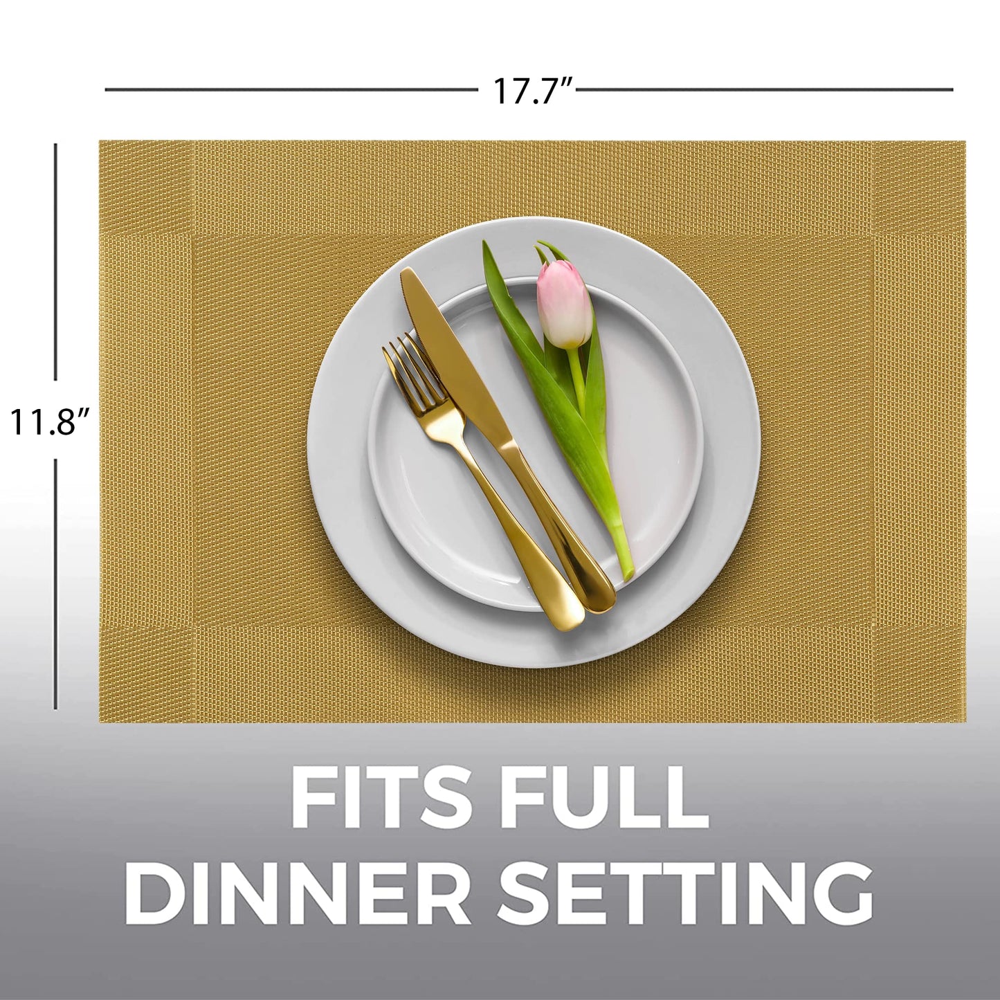 More Décor Dining Table Placemats, Washable Heat-Resistant PVC Vinyl Table Mats for Dining Room and Kitchen, Anti-Slip - Set of 4 -Gold