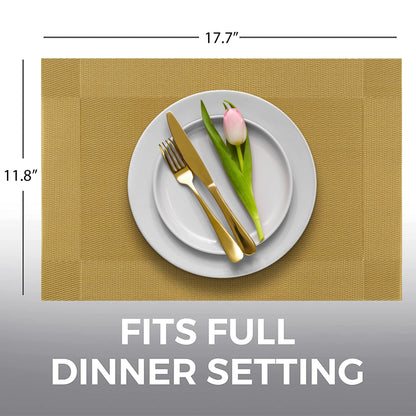 More Décor Dining Table Placemats, Washable Heat-Resistant PVC Vinyl Table Mats for Dining Room and Kitchen, Anti-Slip - Set of 4 -Gold