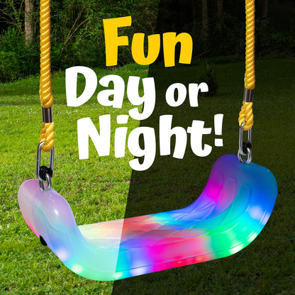 Firefly LED Light Up Swing Seat with Adjustable Rope and Chain. 24 Lights Illuminate in Day or Night. Outdoor/Indoor Use. 150lb User Capacity. 15" W x 6" Deep x 5" H, by XDP Recreation a USA Company