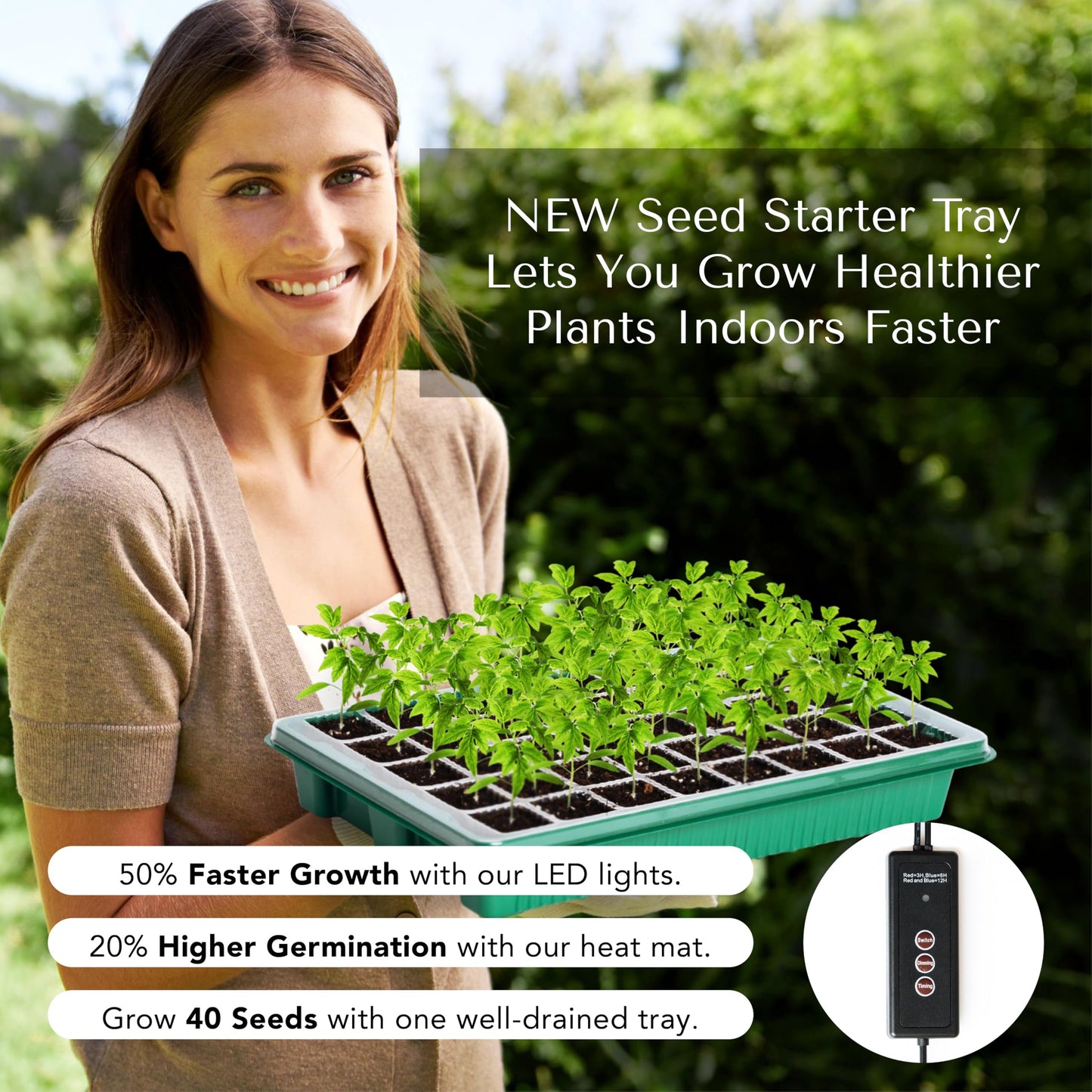 GROWFRIEND Upgraded Seed Starter Tray with Grow Lights and Heat Mat, 3-in-1 Soil Meter, & Sticky Gnat Traps, 40-Cell Seed Growing Tray, Germination & Plant Propagation Station for Indoor Plants