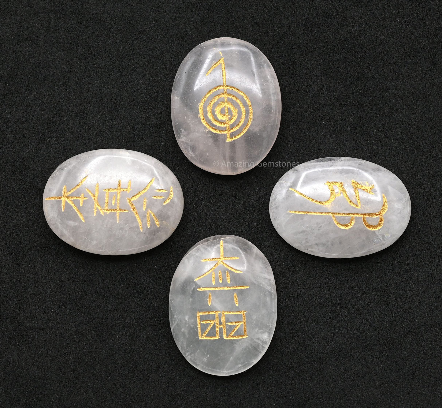 Amazing Gemstone Rose Quartz Crystal Reiki Stones with Engraved Symbols for Usui Reiki Healing, Set of 4 Pcs (Indian Handmade Reiki Gift Set)