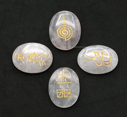 Amazing Gemstone Rose Quartz Crystal Reiki Stones with Engraved Symbols for Usui Reiki Healing, Set of 4 Pcs (Indian Handmade Reiki Gift Set)