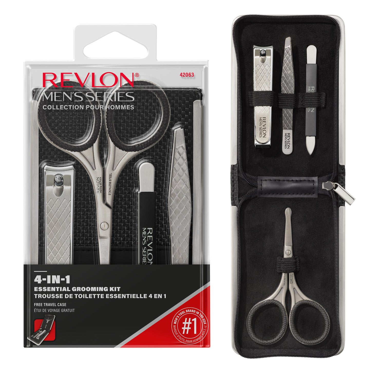 Revlon Men's Grooming Kit, 5-Piece Travel Essentials Set, Includes Nail Clippers, Scissors, File, Tweezers and Carrying Case, Stainless Steel, 1 count