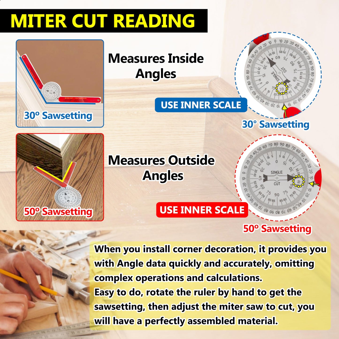 Miter Saw Protractor Replacement for #505P-7 Angle Finder Featuring Precision Laser-Inside & Outside Miter Angle Finder Protractor for All Building Trades, Plumbers, Carpenters Plastic （Red）