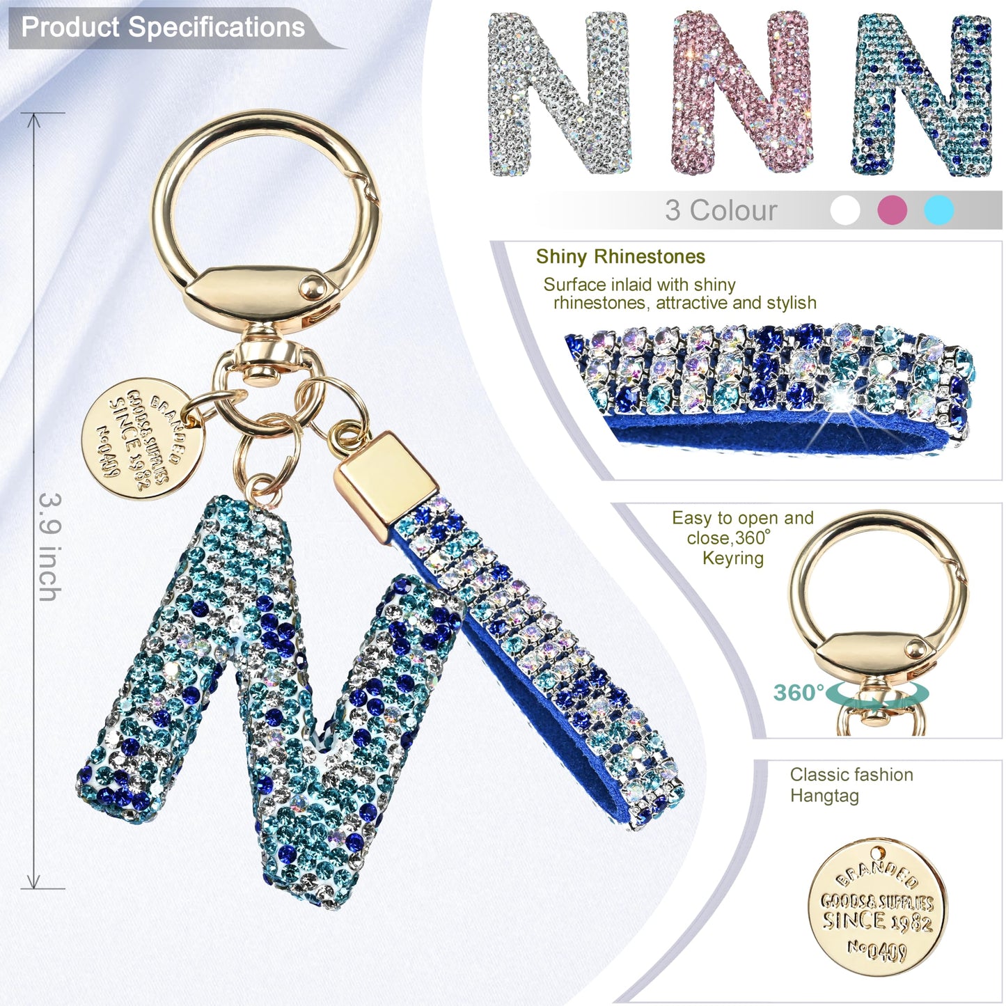 Pink Blue White Initial Letter Keychain Gift for Women Girls Bling Sparkly Cute Backpack Car Key Accessories Lanyard (N-blue)