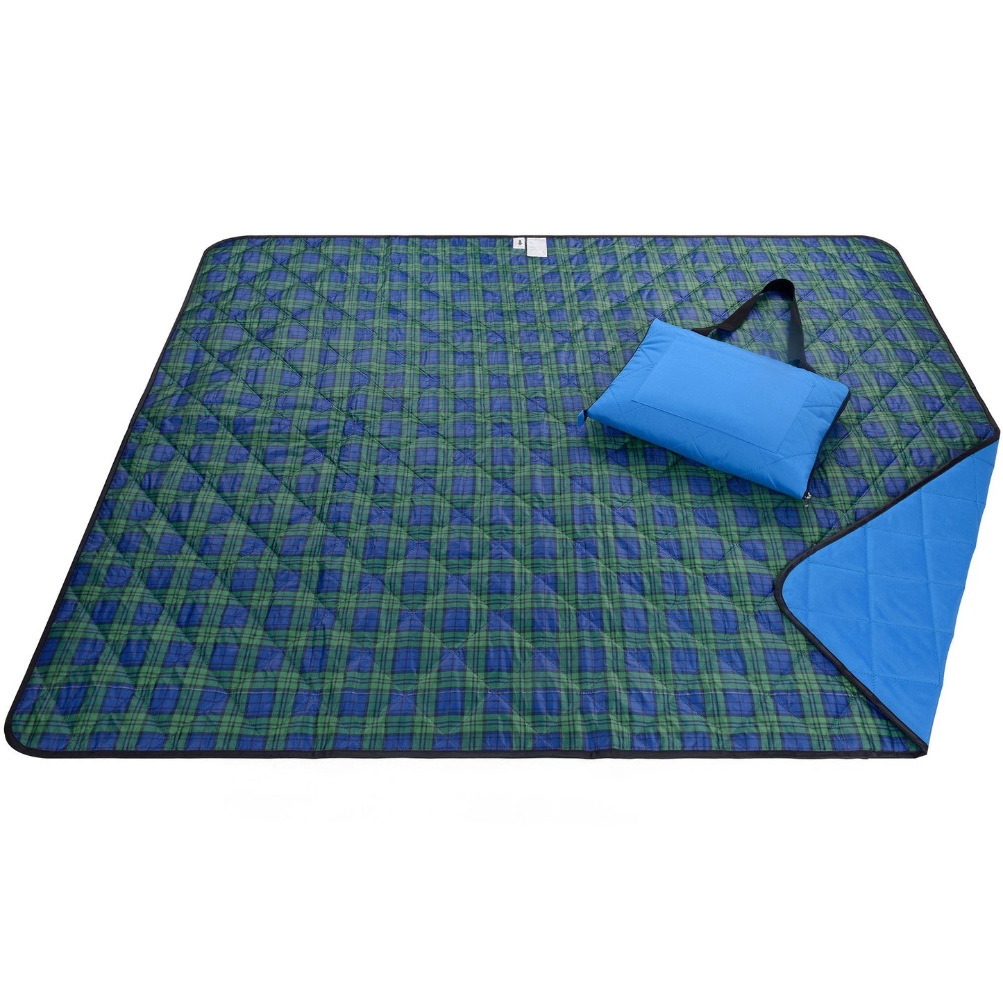 Roebury Beach Blanket Sand Proof & Outdoor Picnic Blanket - Water Resistant, Large Mat for Camping or Travel. Washable, Foldable, Easy Carry Compact Tote Bag (Green/Blue Plaid)