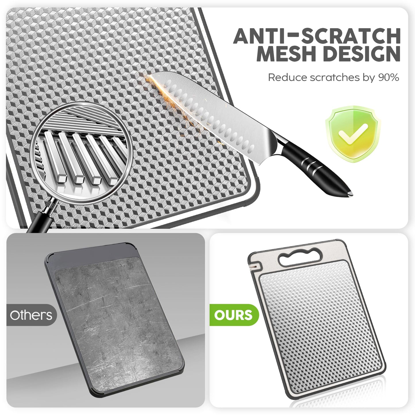 LOZOVIN Double Sided 304 Stainless Steel & Wheat Straw Cutting Board, 14.4"*9.8" Non Toxic Chopping Board, Separately Handle Meat and Vegetables, Dishwasher Safe, Scratch Resistant Mesh Design