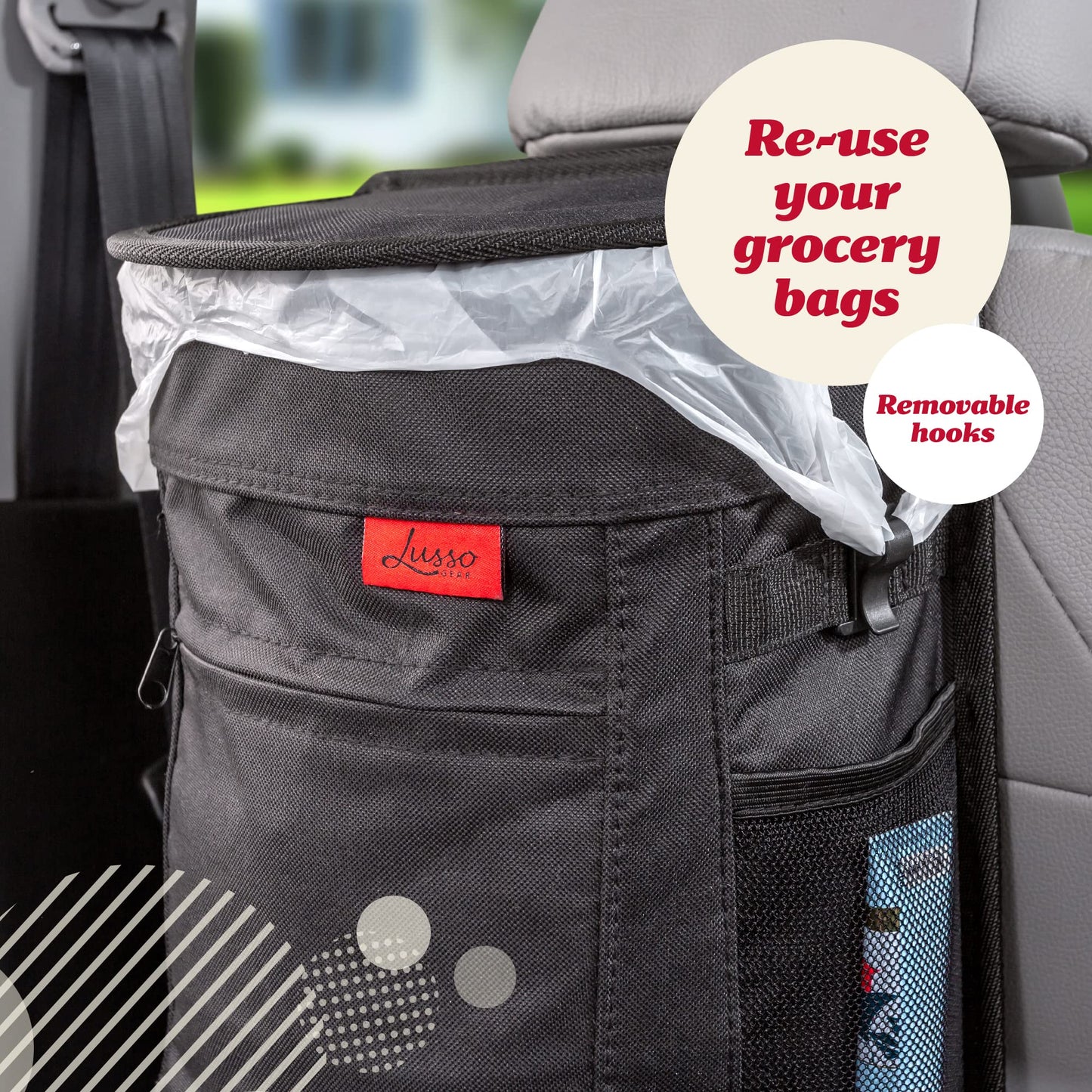 Lusso Gear Spill-Proof Car Trash Can - 2.5-Gallon Black Round - Leak-Proof Lid & Waterproof Removable Liner - Hanging Car Trash Bin & Organizer for SUV, Truck & Minivan