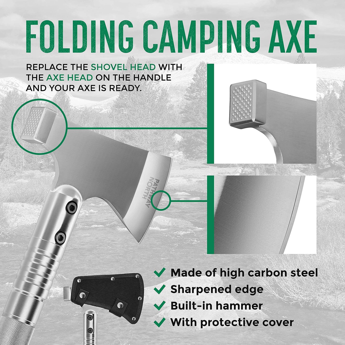 PATHWAY NORTH Survival Shovel and Camping Axe – Stainless Steel Tactical Survival Multi-Tool and Survival Hatchet Equipment for Outdoor Hiking Camping Gear, Hunting, Backpacking Emergency Kit(Silver)