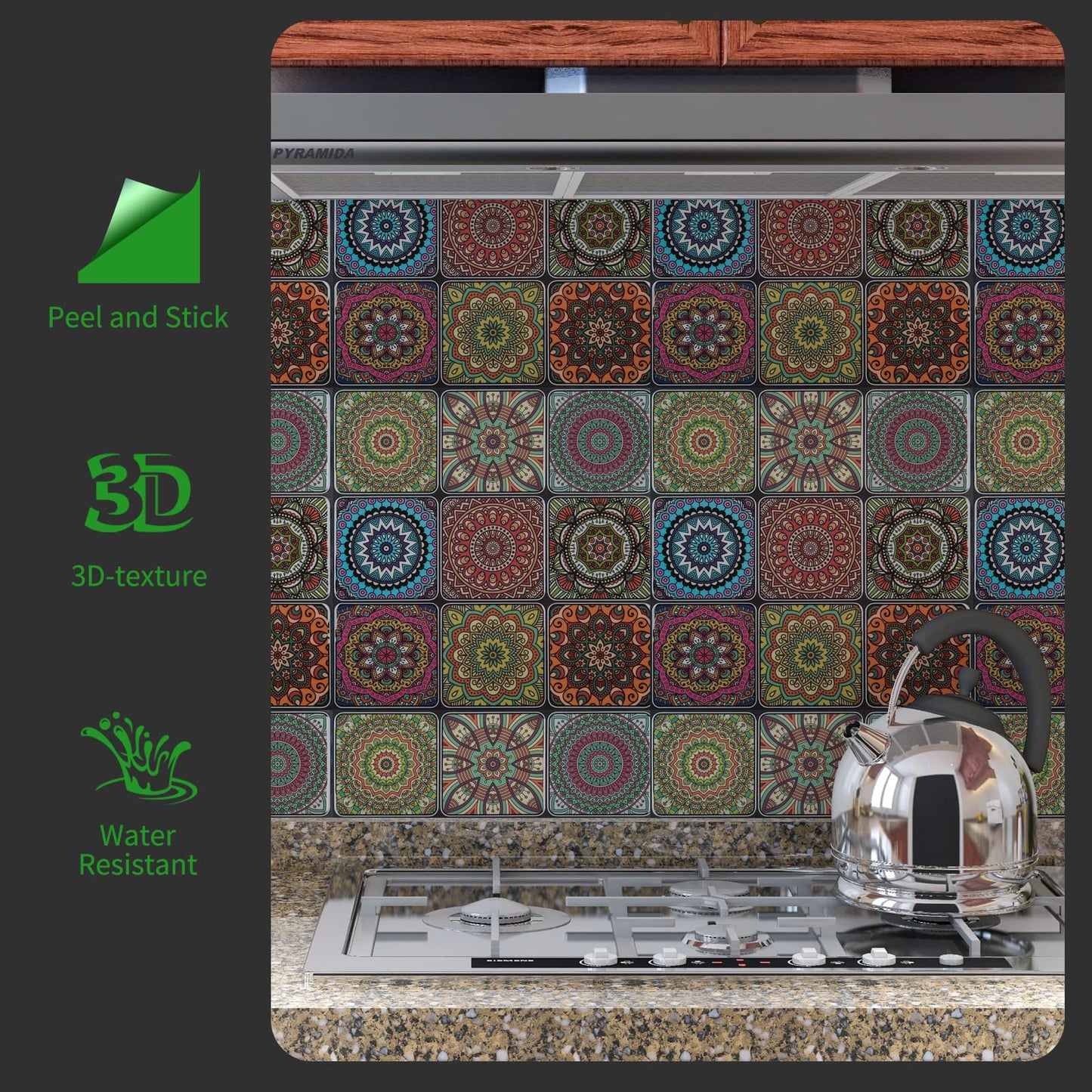 LONGKING Peel and Stick Backsplash Tile Stickers, Colorful Moroccan Tile for Kitchen, Stick on Wall Tiles (10 Sheets)