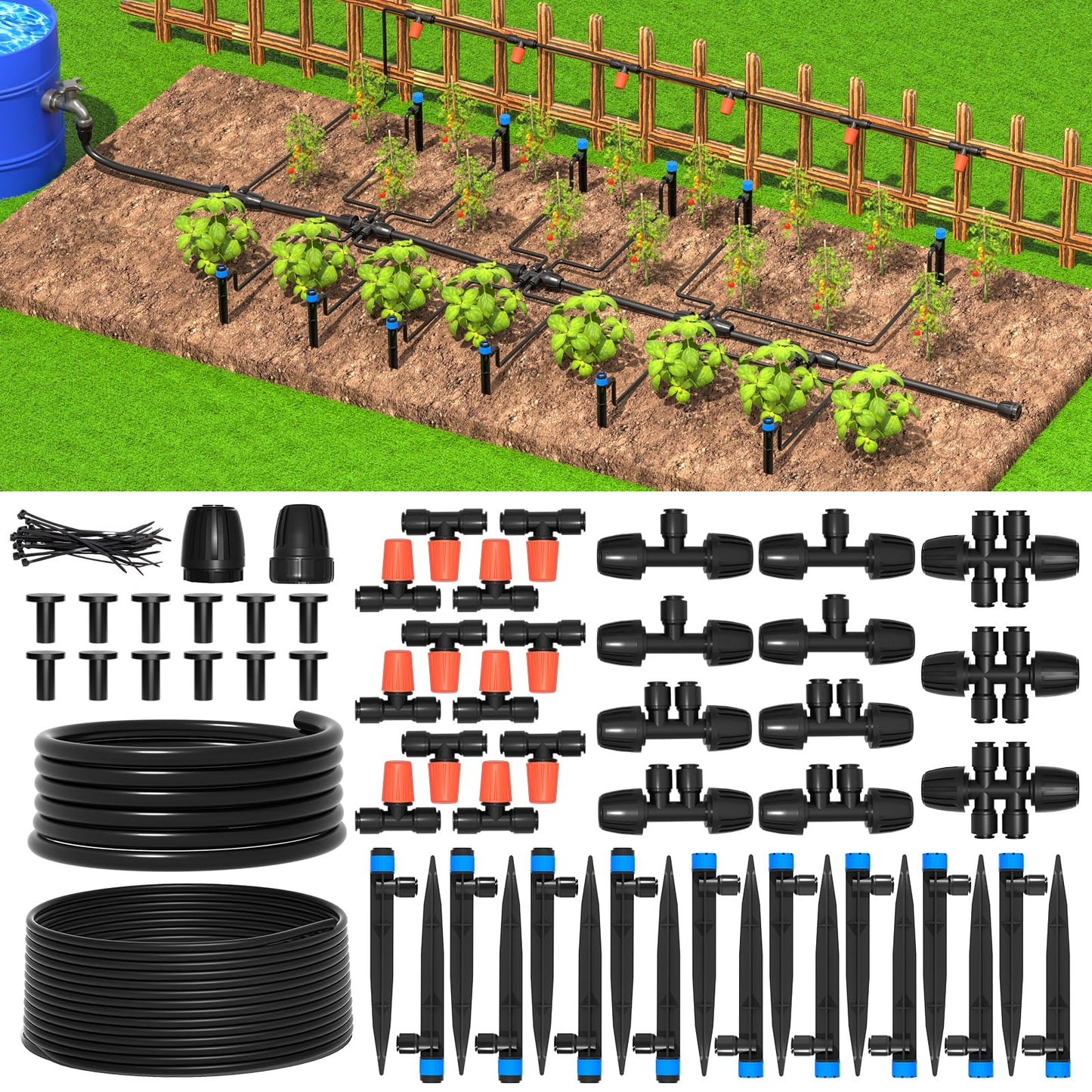 MIXC Greenhouse Micro Drip Irrigation Kit Automatic Irrigation System Patio Misting Plant Watering System with 1/4 inch 1/2 inch Irrigation Tubing Hose Adjustable Nozzle Emitters Barbed Fittings