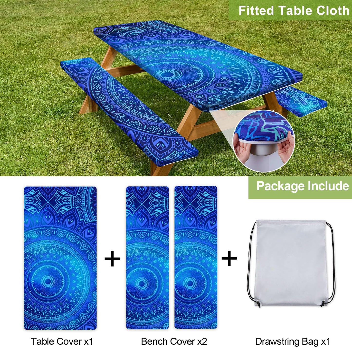 Picnic Table Cover with Bench Covers 6FT 3 Pcs Waterproof Windproof Aesthetic Camping Tablecloth with Drawstring Bag, Fitted for 6 Foot Rectangle Tables and Seats, 72 inch, Dark Blue Green