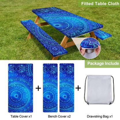Picnic Table Cover with Bench Covers 6FT 3 Pcs Waterproof Windproof Aesthetic Camping Tablecloth with Drawstring Bag, Fitted for 6 Foot Rectangle Tables and Seats, 72 inch, Dark Blue Green