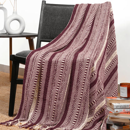 RAJRANG Cotton Braided Striped Throw Blanket with Boho Tassels - 50x60 inches Soft Farmhouse Woven Knitted Blankets - Pomegranate