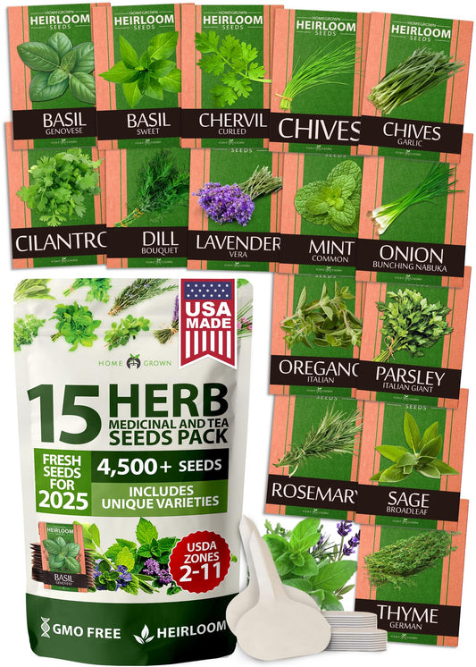 HOME GROWN 15 Herb Seeds for Planting 4,500+ Non-GMO Heirloom Seeds | Extra Large Variety Pack Herb Kit – Indoor Outdoor & Hydroponic | Culinary Seed Set | Grow Your Own Herbs | Gardening Gift