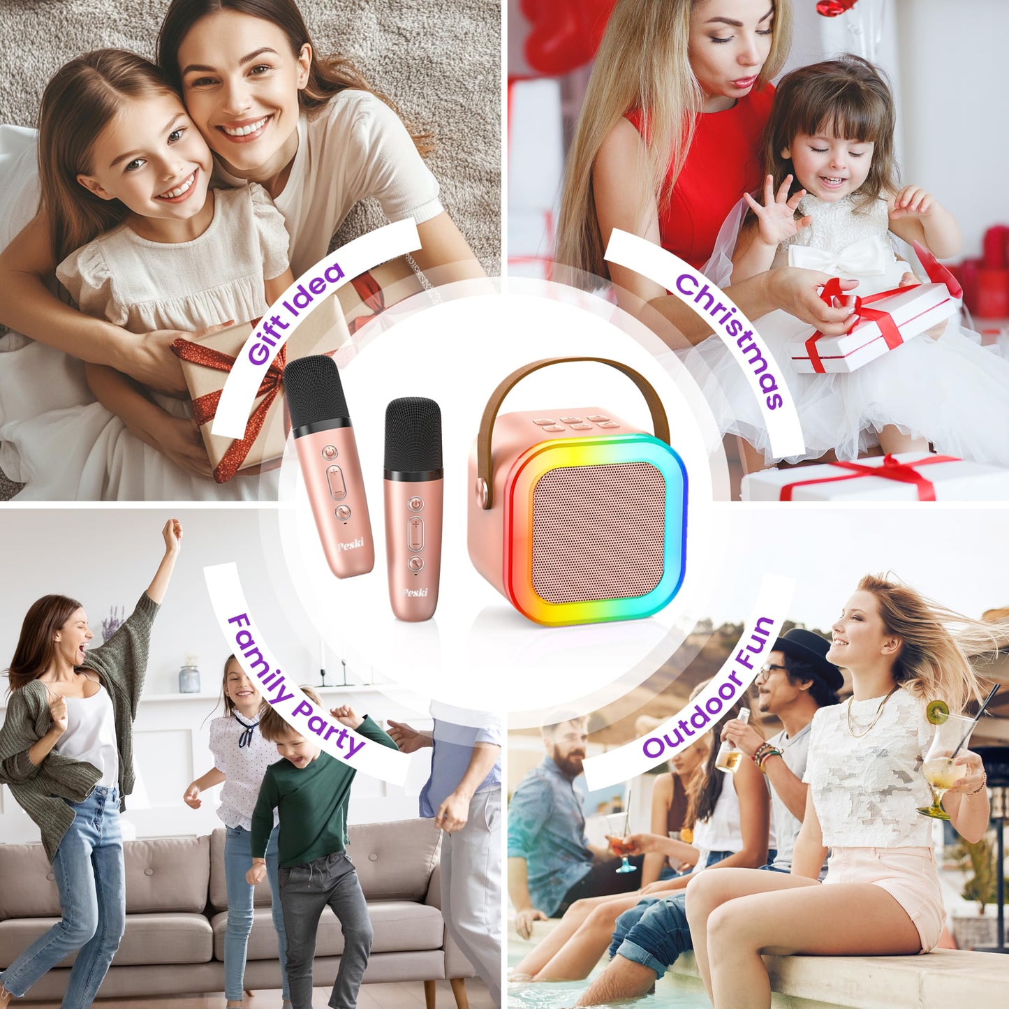 Peski Karaoke Machine for Kids Adults, Portable Bluetooth Mini Karaoke Microphone Singing Speaker Karaoke Player with 2 Wireless Mic, Birthday Gifts for Girls Boys Family Home Party(Rose Gold)
