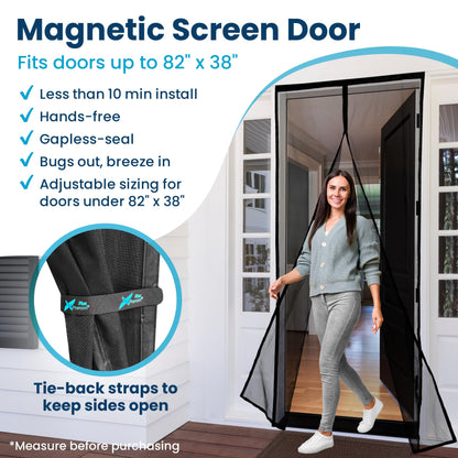 Magnetic Screen Door - Bugs Out, Breeze in - 9min Install Auto-Sealing Heavy Duty Double Stitched Mesh, 52 Magnets, Hands Free Sliding & Patio Door Net, Pet & Kid Friendly, 38 x 82 Inch, Flux Phenom