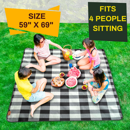PortableAnd Picnic Blankets, 3 Layer Soft Fleece Blanket for Beach,Camping on Grass, Waterproof, Sandproof, Best Gift for Couple & Families, Black and Gray Checkered