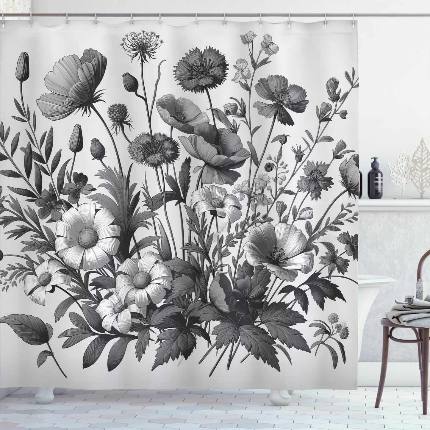 Ambesonne Grey Shower Curtain, Farmhouse Botany Scene with Muted Tones Drawn Wildfloral and Grayscale Leaves, Cloth Fabric Bathroom Decor Set with Hooks, 69" W x 70" L, Dark Eggshell Pearl