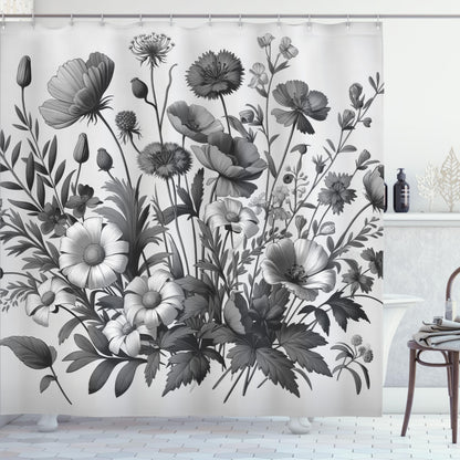 Ambesonne Grey Shower Curtain, Farmhouse Botany Scene with Muted Tones Drawn Wildfloral and Grayscale Leaves, Cloth Fabric Bathroom Decor Set with Hooks, 69" W x 70" L, Dark Eggshell Pearl